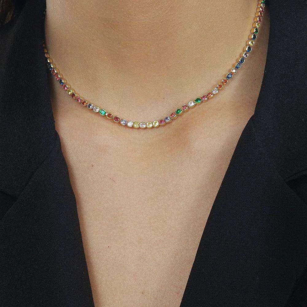 Colar Dourado Chocker Riviera Pedras Coloridas · Banhado a Ouro 18k