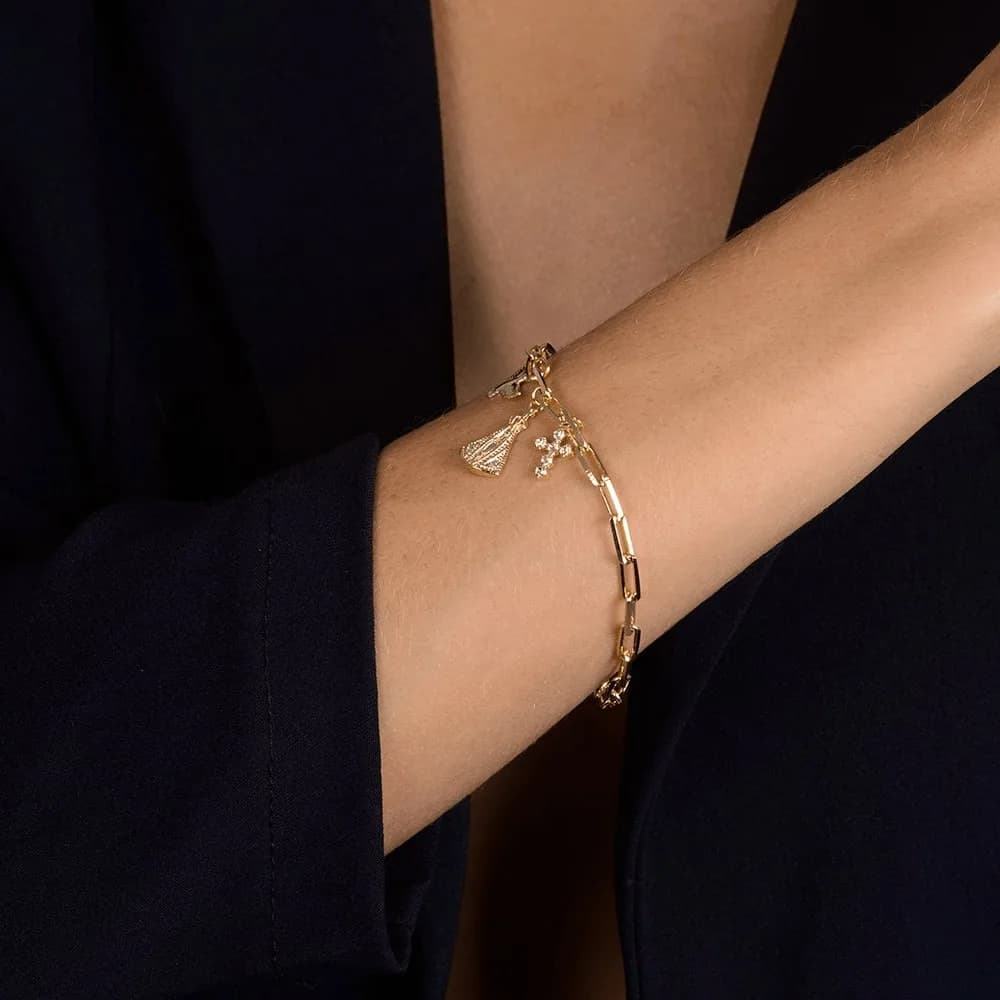 Pulseira Dourada Religiosa Nossa Senhora, Espírito Santo e Cruz Cravejada de Zircônia · Banhado a Ouro 18k