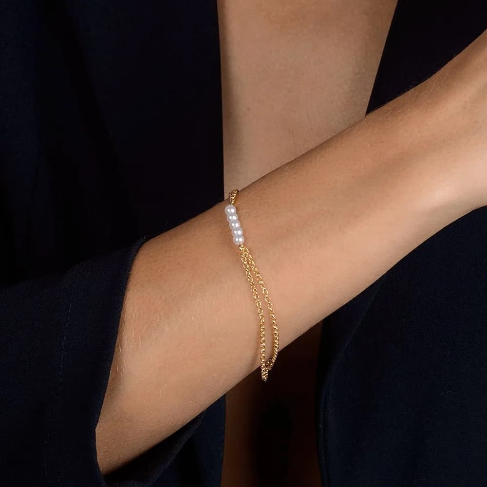 Pulseira Dourada Dupla Elo Português com Pérolas · Banhado a Ouro 18k