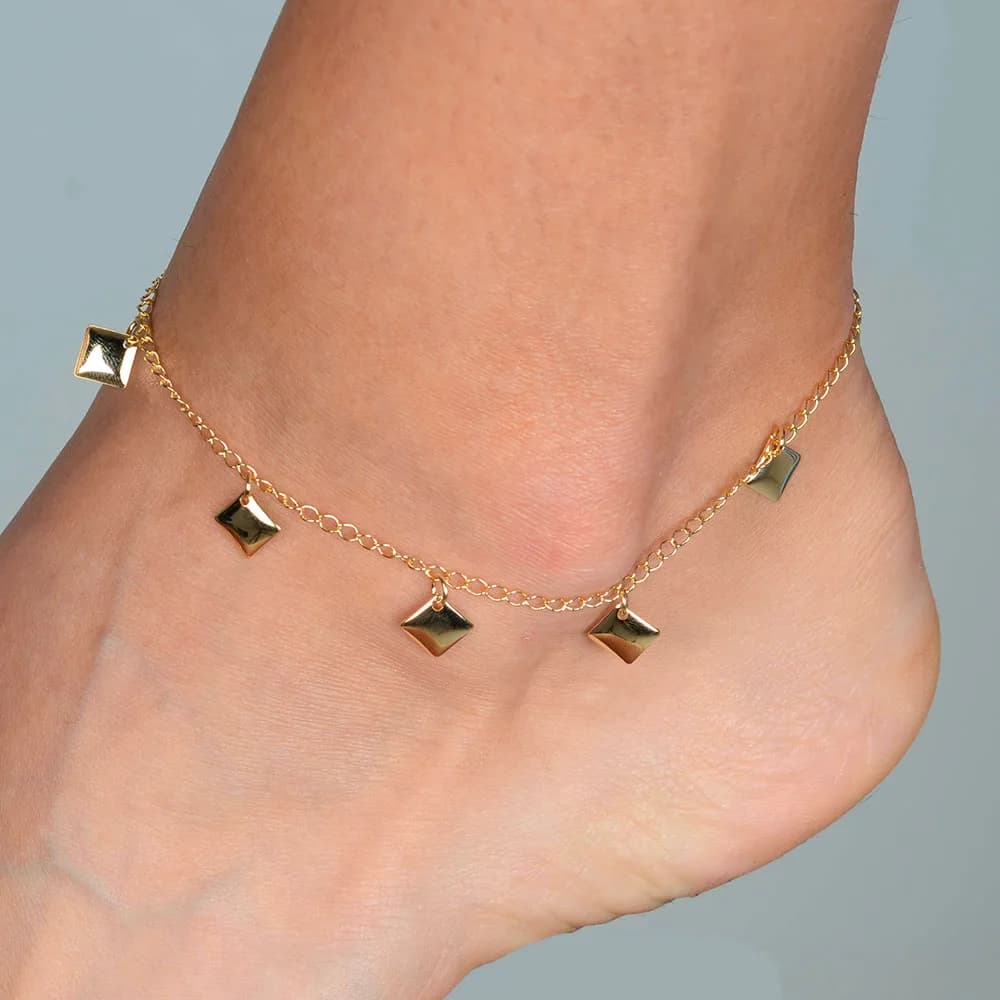 Tornozeleira Dourada de Chapas Quadradas · Banhado a Ouro 18k